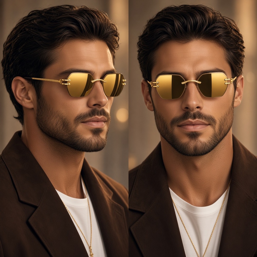 Rimless Sunglasses Octagon Gold Frame Gold Mirror  Lens Fashion Trendy Hip Hop